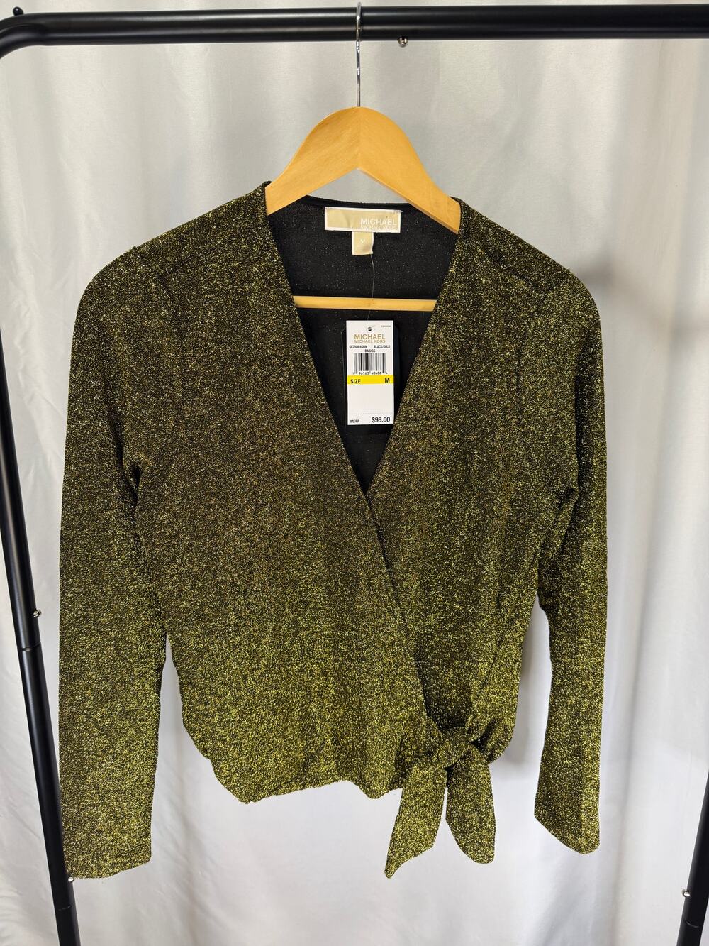 Michael Michael Kors Women’s M Metallic Gold Black Wrap Tie Waist Top NWT